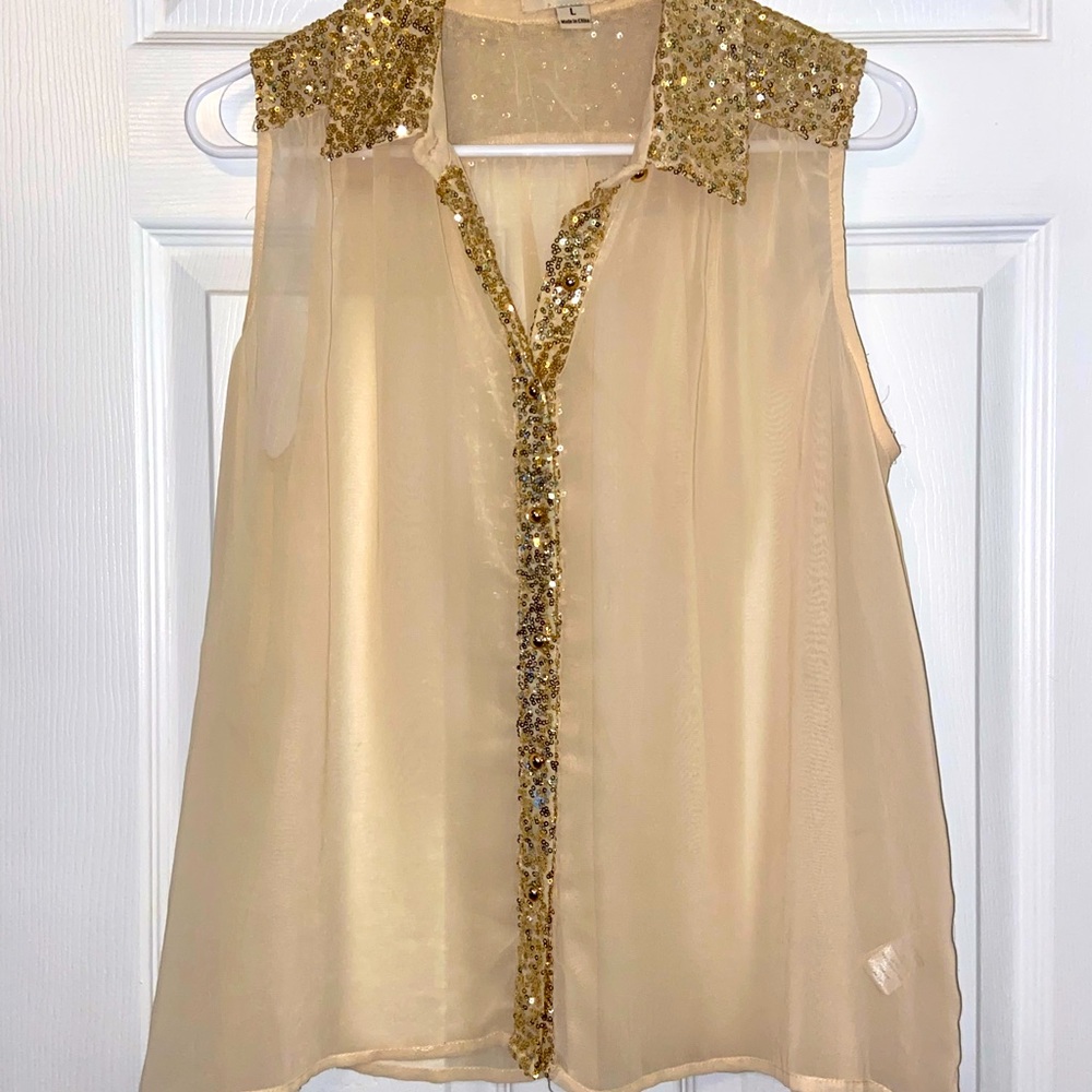 Sheer Cream Top with Gold Sequin Detail
